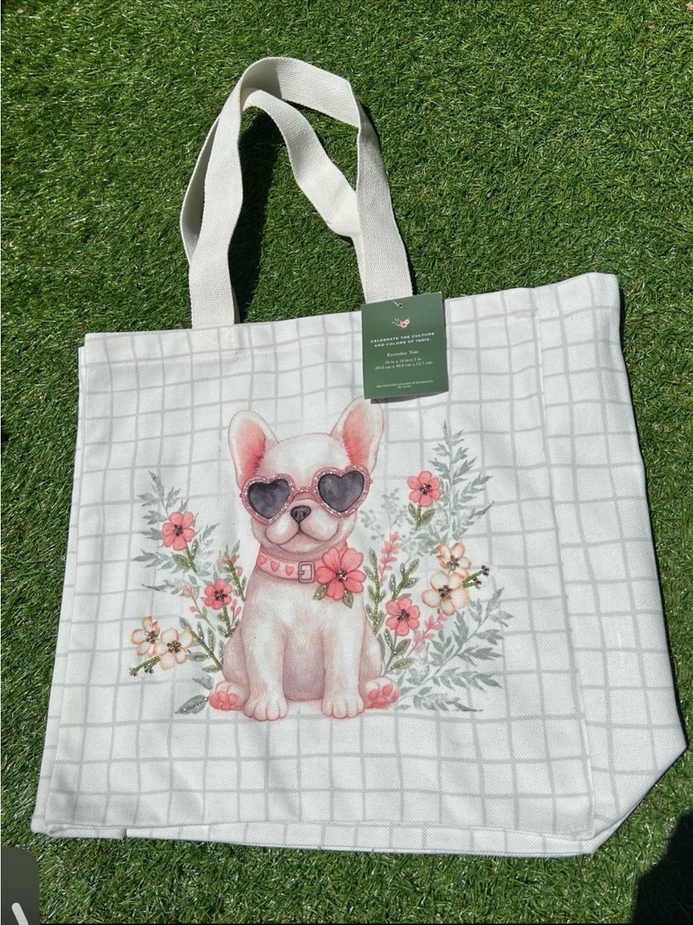 FRENCH BULLDOG BEADED CANVAS TOTE BAG